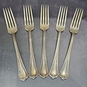 Set of 5 Vintage WM A Rogers Silverplate Raleigh Dinner Forks Geometric Design